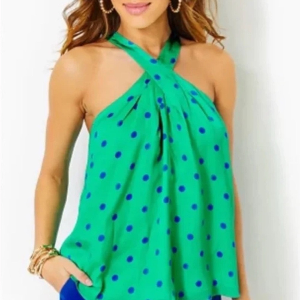 Lilly Pulitzer RORI halter top botanical green blue polka dots tie back neck
